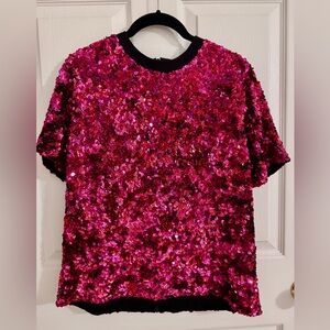 Ashish Designer Top - Short Sleeve Sequin Tee Hot Pink Fuchsia Red M Medium 6 8
